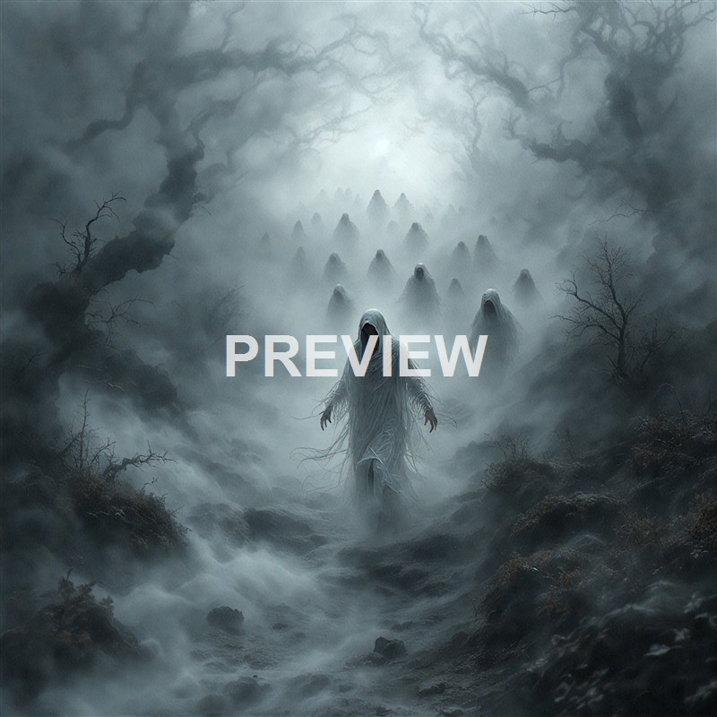 A haunting scene of ghostly, hooded figures walking through a foggy, barren landscape with twisted, leafless trees and dark, ominous clouds overhead.